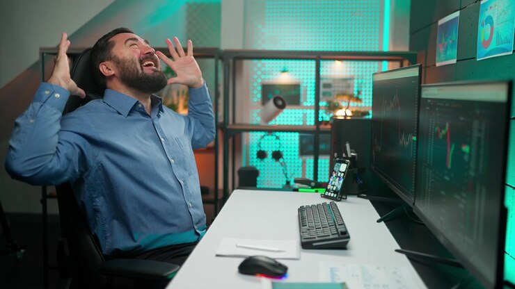 Excited Trader Man Celebrating Success in Front of Computer Monitors