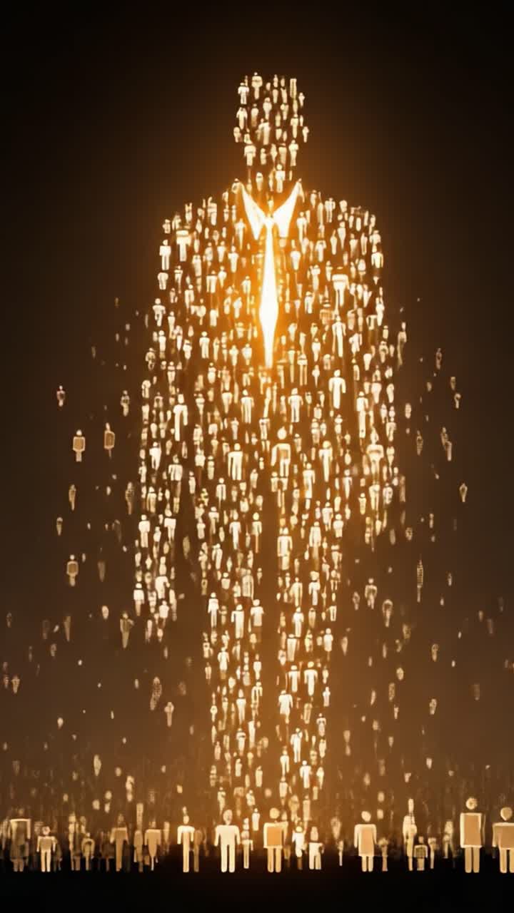 Una Metafora Dinamica di Leadership e Comunità: Una Figura Imponente Formata da Moltitudini, che Rappresenta Unità, Potere e Influenza in una Visualizzazione Futuristica