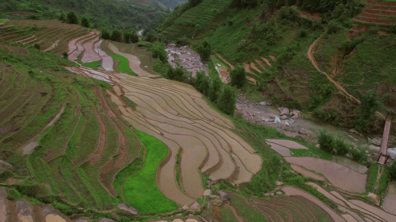 Stunning Aerial View of Rice Terraces and River in Vietnam