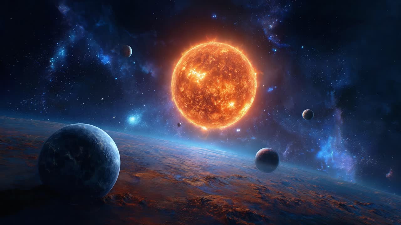 A Stunning Cosmic Landscape: An Exquisite Visualization of a Fiery Star Surrounded by Mysterious Planets in a Galactic Realm of Infinite Beauty and Wonder