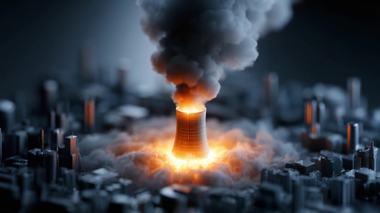Eine dystopische Vision eines Atomkraftwerks, das mit lodernden Flammen und aufsteigendem Rauch über einer Stadtlandschaft in der Dämmerung ausbricht, was die Zerbrechlichkeit des städtischen Lebens und die Energieabhängigkeit illustriert.