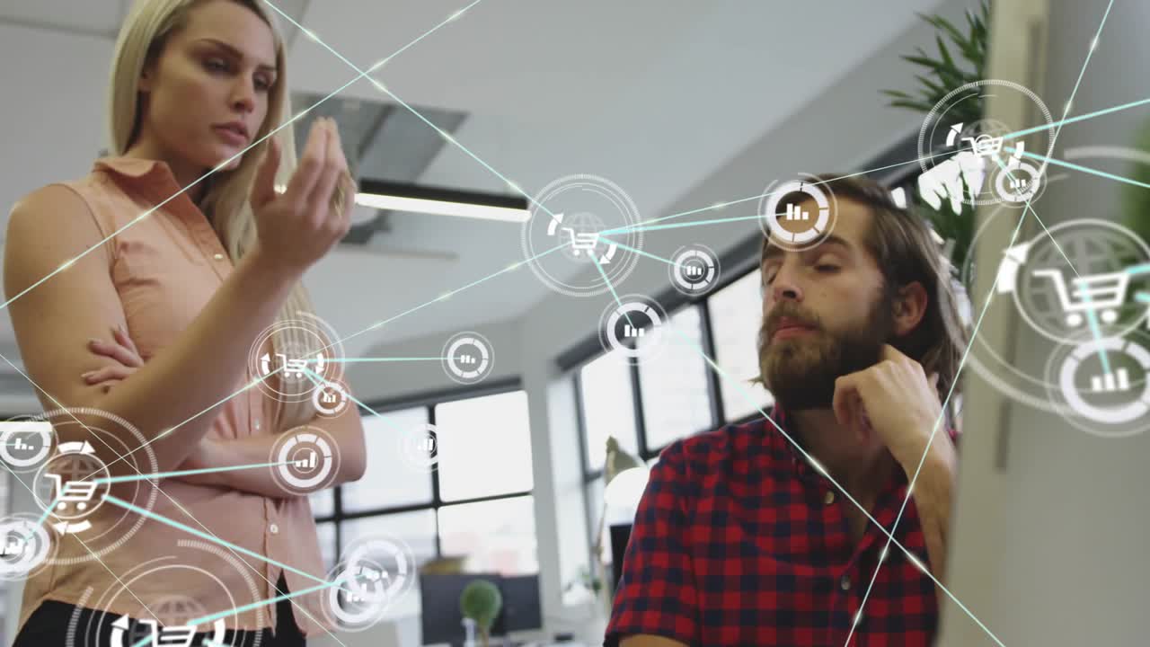 Animation af netværk af forbindelser og databehandling over forretningsfolk på kontor