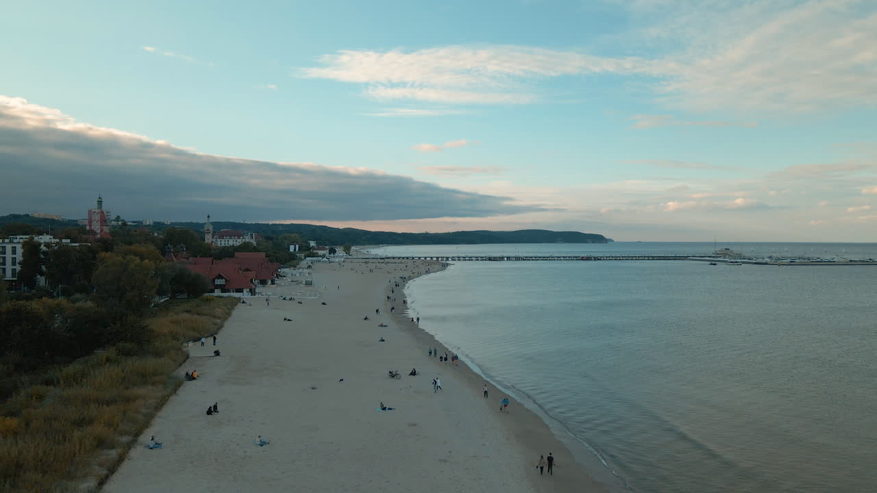 Aerial view of the beach of Sopot and its famous pier