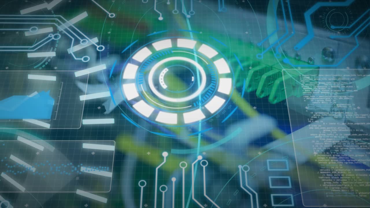 Animation of 5g text, circles, radars and database over back panel of server storage equipment