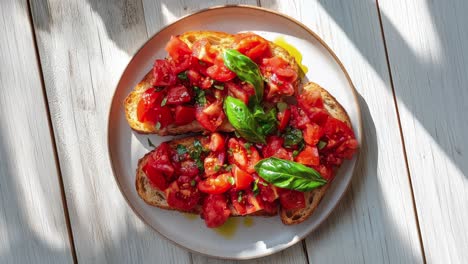 fresh homemade bruschetta with tomatoes and basil on wooden table