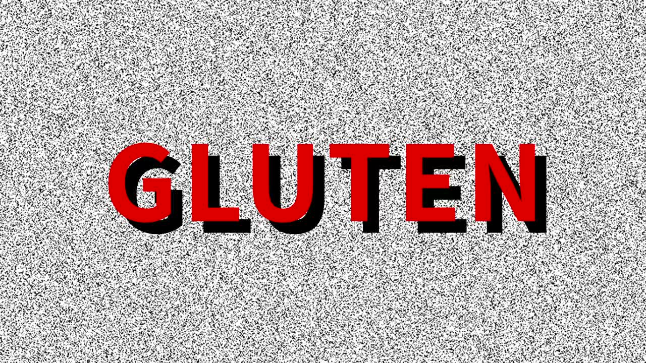gluten. palabra sobre el problema de la comida en la pantalla ruidosa. interferencia de vhs en bucle. fondo animado vintage, imágenes de video 4k