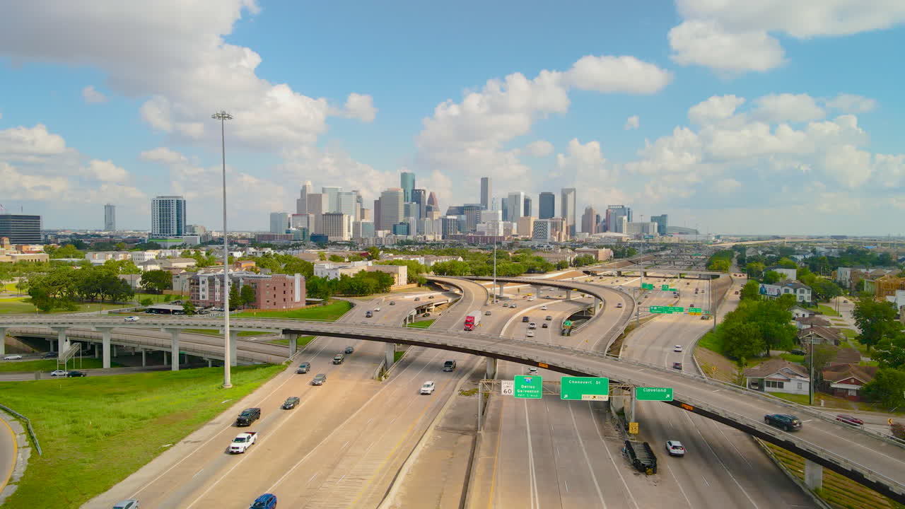 Drone fly Interstate Texas highway 288 Downtown Houston Texas, Daylight skyline Aerial view. Aerial highway 288 and interstate 69 intersection overlooking downtown houston