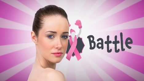 Animation-of-pink-ribbon-logo-with-breast-cancer-text-over-young-woman