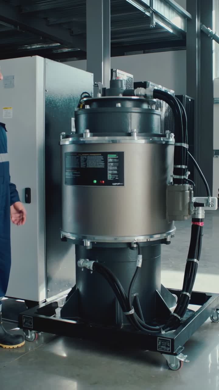 Vertical video: Reacting to lights, techs in blue coveralls checking unit in shop hoses visible