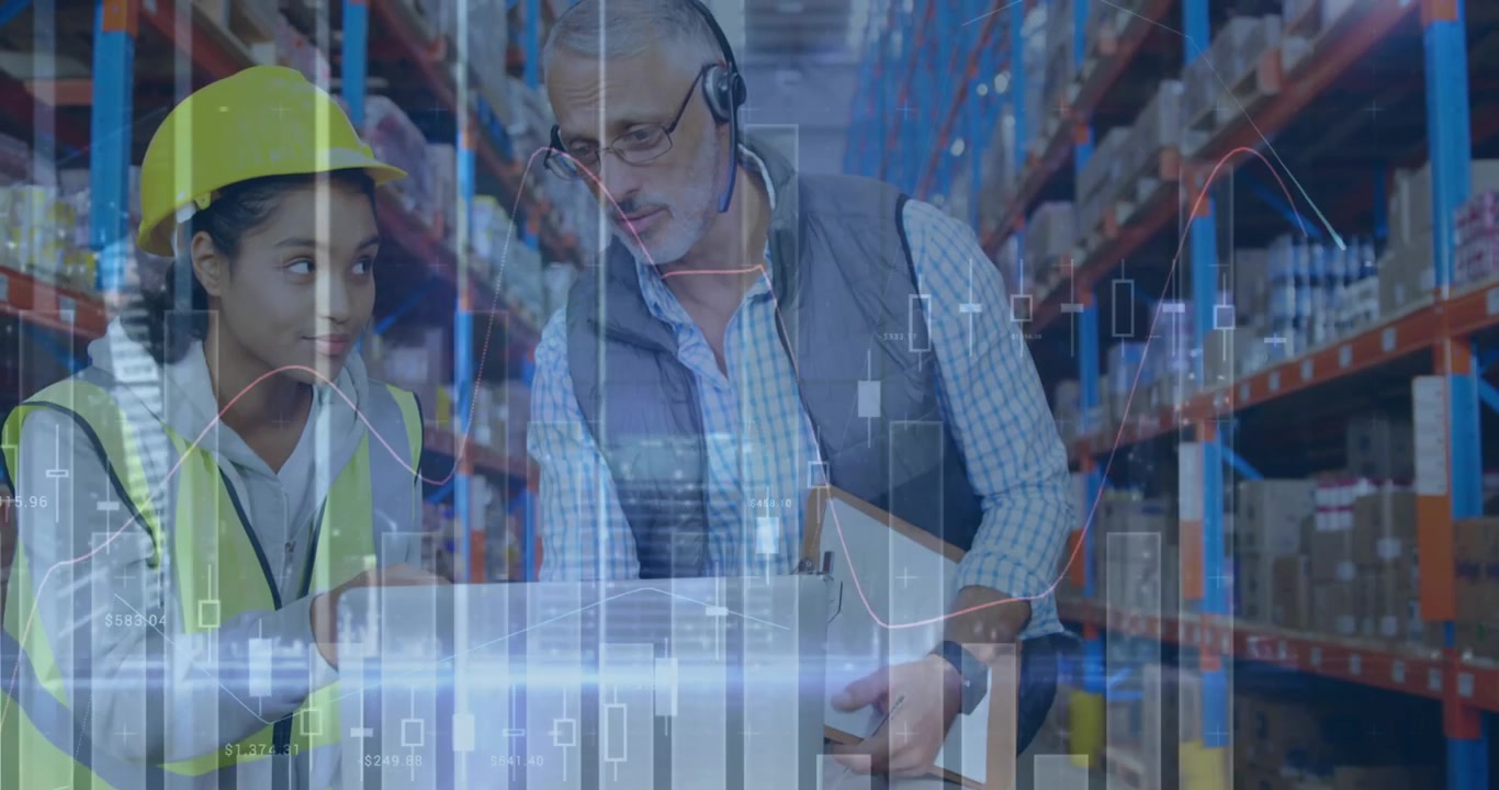 Animazione di elaborazione di dati finanziari sopra diverse persone in un magazzino.