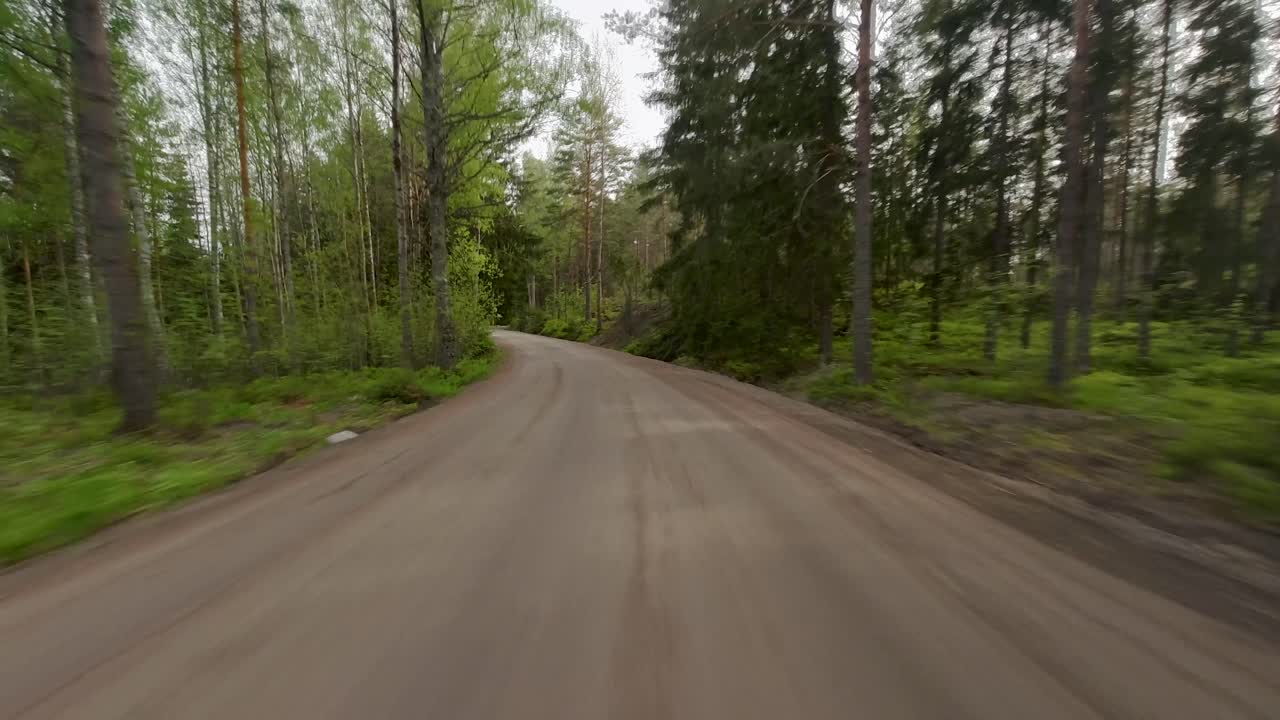 un coche viaja a lo largo de la carretera, serpenteando a través del bosque verde, donde los árboles verdes vibrantes crean una atmósfera refrescante y serena