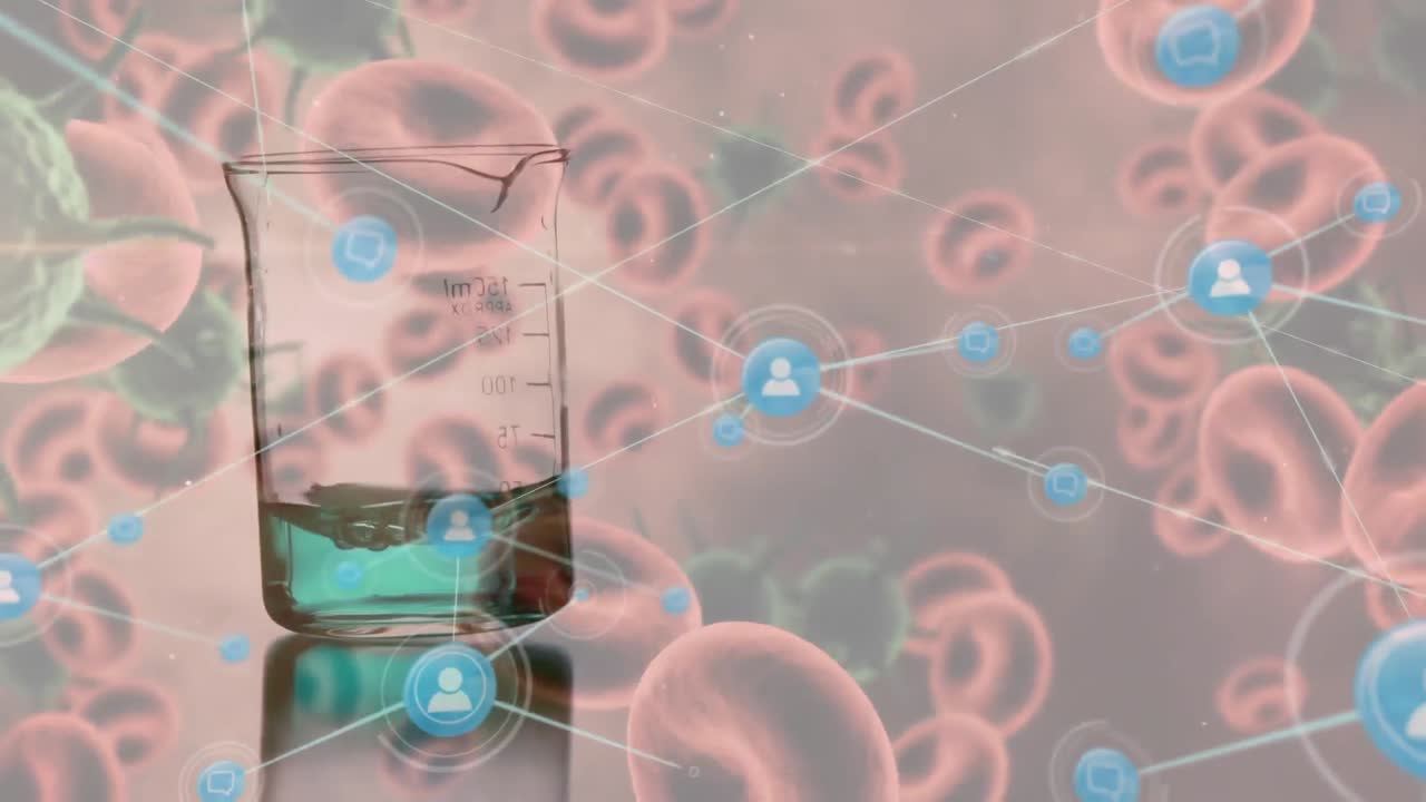 프로파일 아이콘과 코로나19 세포와 혈관의 네트워크가 병 안에 있는 화학물질 위에 떠다니고 있습니다.