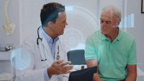 doctor discussing with older man, futuristic data processing animation overlay