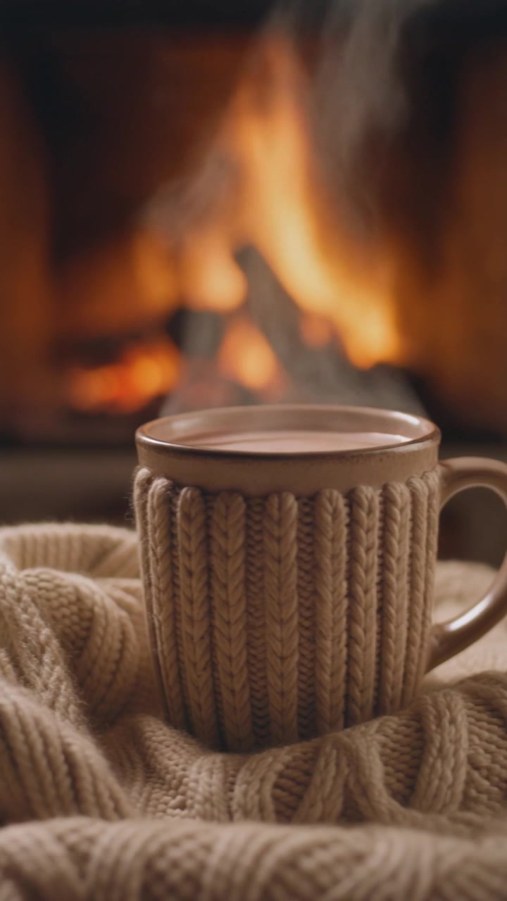 Steaming Mug of Hot Cocoa by a Cozy Fireplace