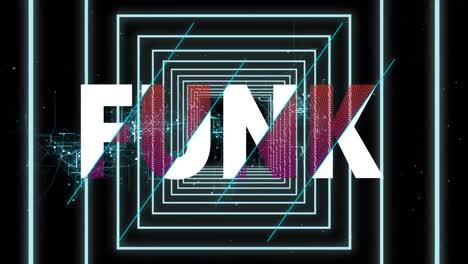 animation of funk in white and pink text over glowing squares and network on black background