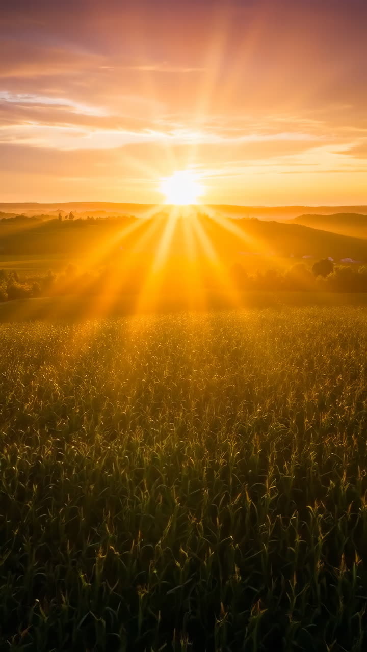 Golden Sunset Over a Lush Cornfield with Sun Rays