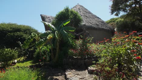 rustic thatched-roof hut surrounded by lush plants and flowers