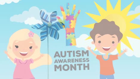 Animation-of-autism-awareness-month-text-with-happy-boy-and-girl-and-puzzles-forming-hand