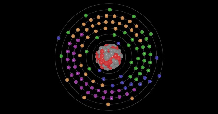 3D animation of a Seaborgium atom on a transparent background showing shells, subshells, electron orbits, and nucleus with protons and neutrons, illustrating atomic structure and energy levels.