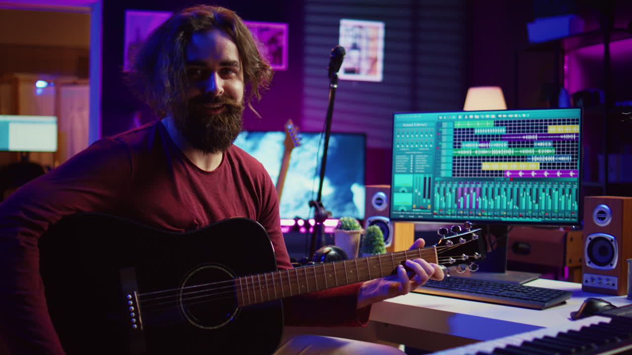 retrato de un compositor masculino tocando la guitarra acústica y grabando sonidos musicales
