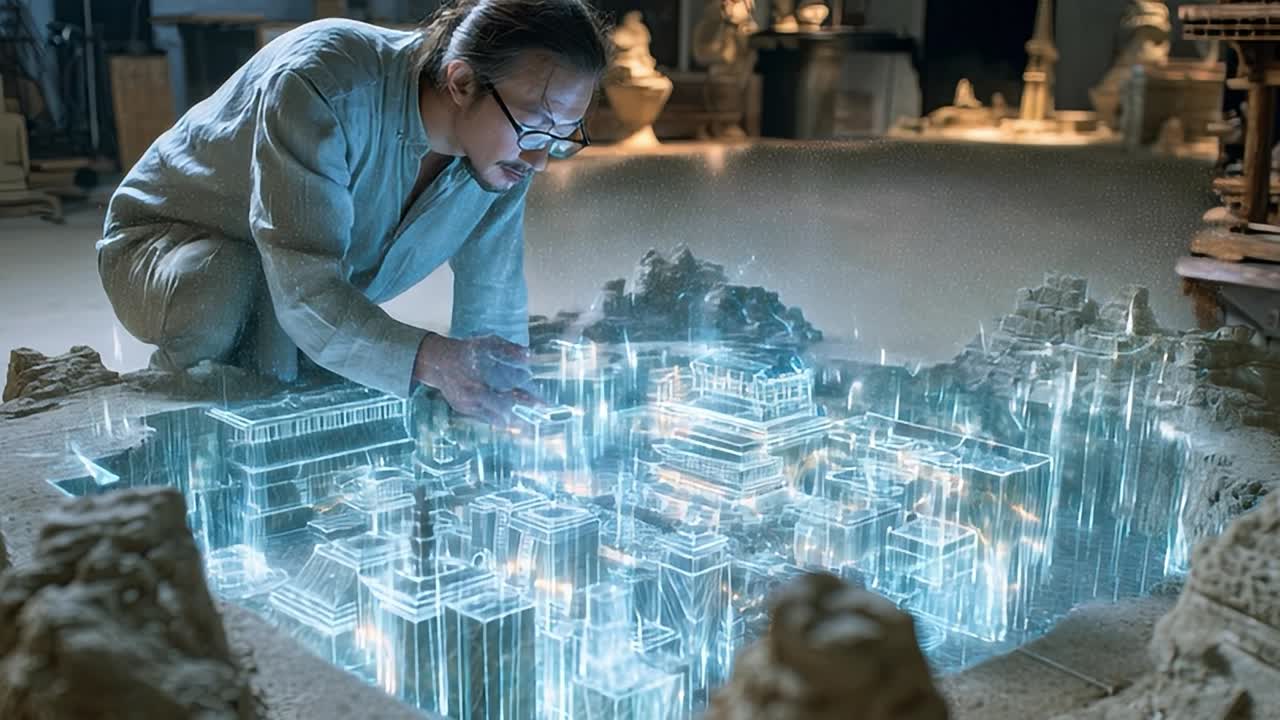 Innovative artist creates holographic cityscape model in studio