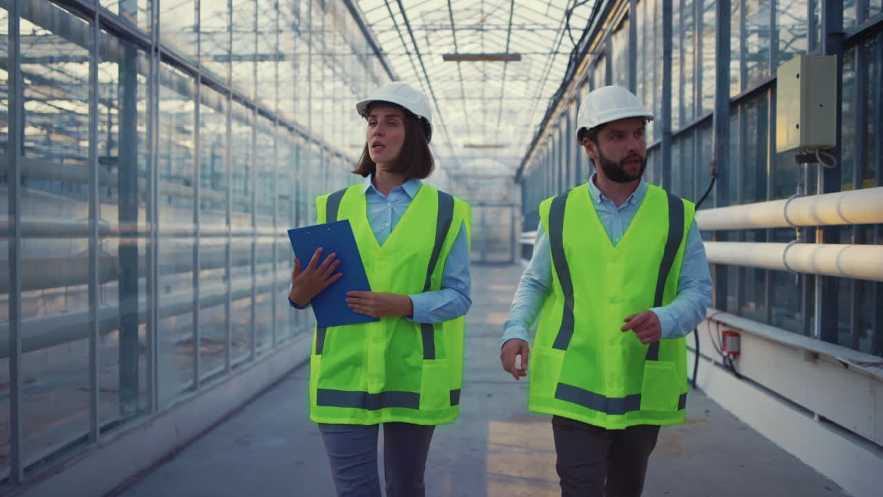 supervisores de la fábrica comprobando el nivel de producción discutiendo la seguridad en el invernadero