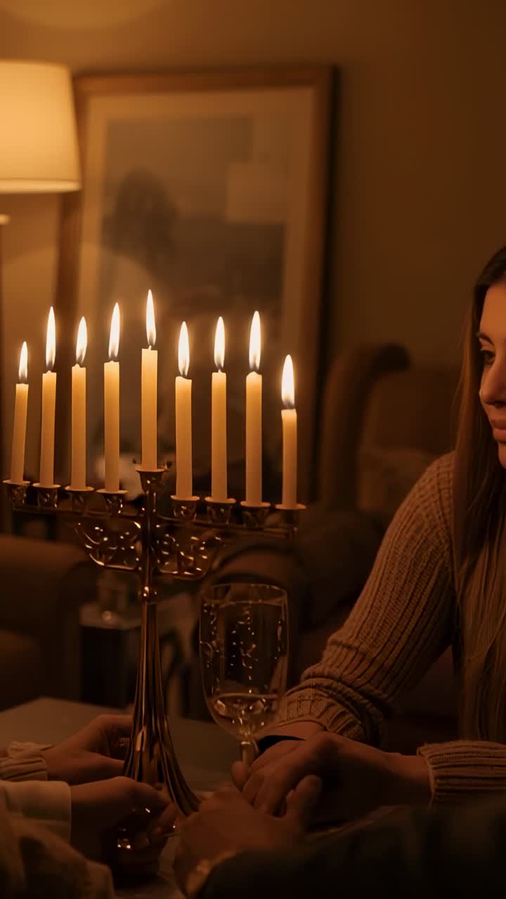 Vertical video: Responding to menorah flicker, woman grasping man's hands at home table, copy space
