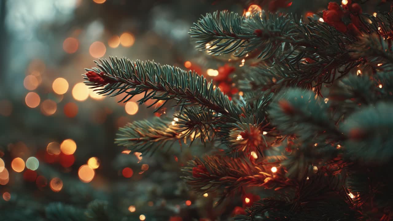 A Close-Up View of a Beautiful Christmas Tree Branch Illuminated by Twinkling Lights Creating a Magical Holiday Atmosphere with Soft Bokeh Background