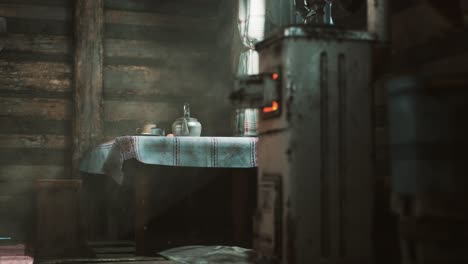 dark interior of retro log house