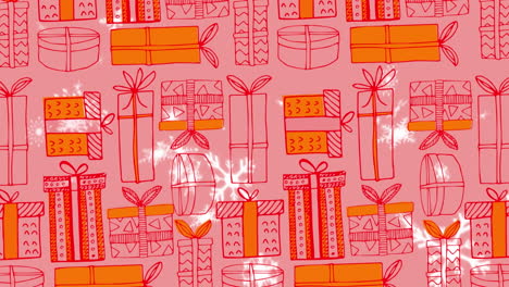 animation of christmas gifts pattern over falling snow on pink background