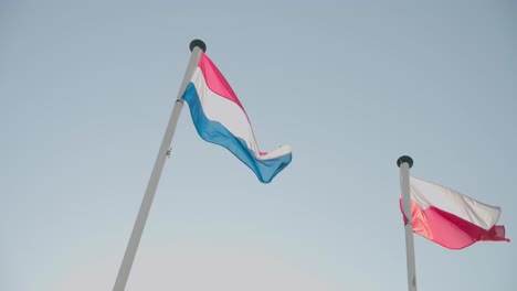 low angle shot of luxembourg and poland flag waving in wind