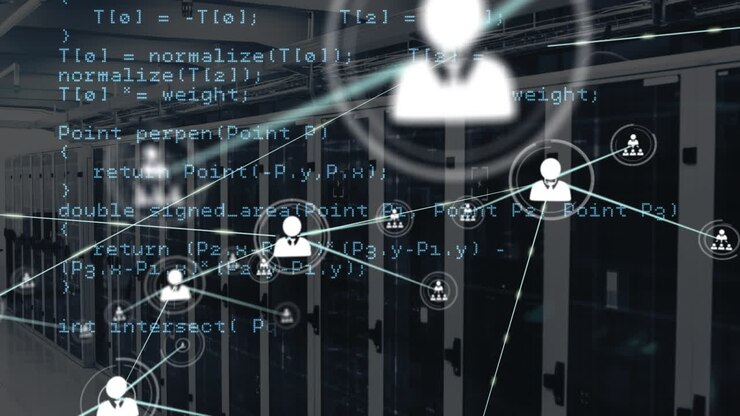 Animation of network of connections with icons over server room and data processing