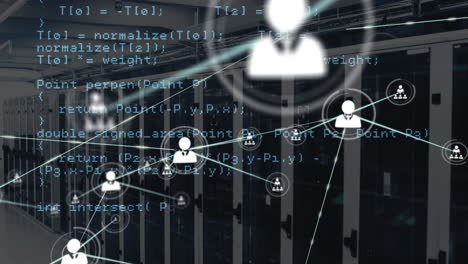 animation of network of connections with icons over server room and data processing