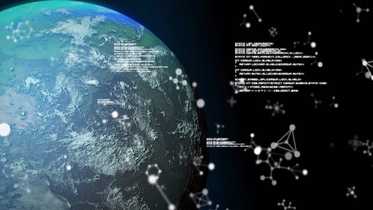 Animation of data processing and moelcules over globe on black background