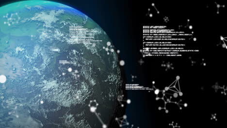 animation of data processing and moelcules over globe on black background