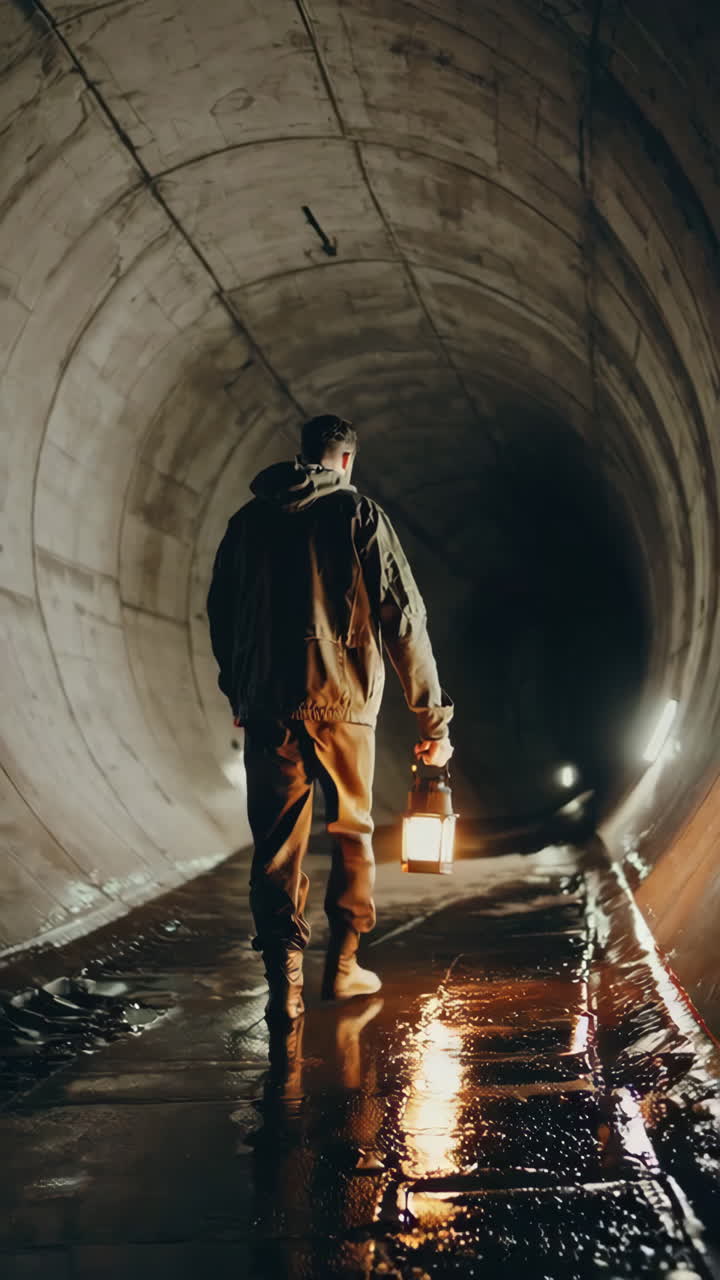Man Exploring a Dark Underground Tunnel with a Lamp