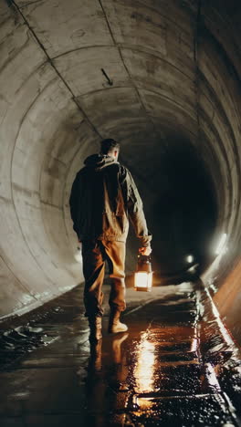 man exploring a dark underground tunnel with a lamp