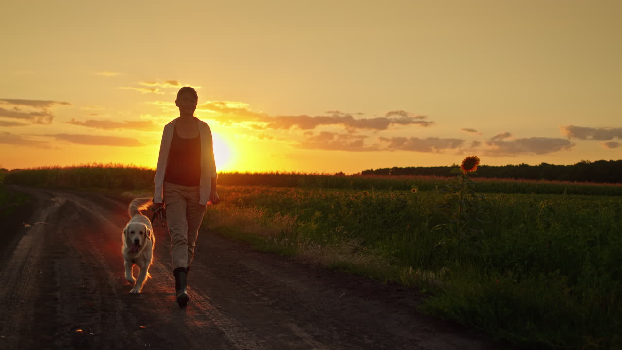 mujer y perro caminando por un camino de campo al atardecer