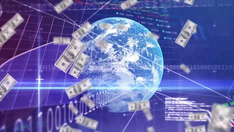 animation of american dollar bills, binary coding, financial data processing over globe