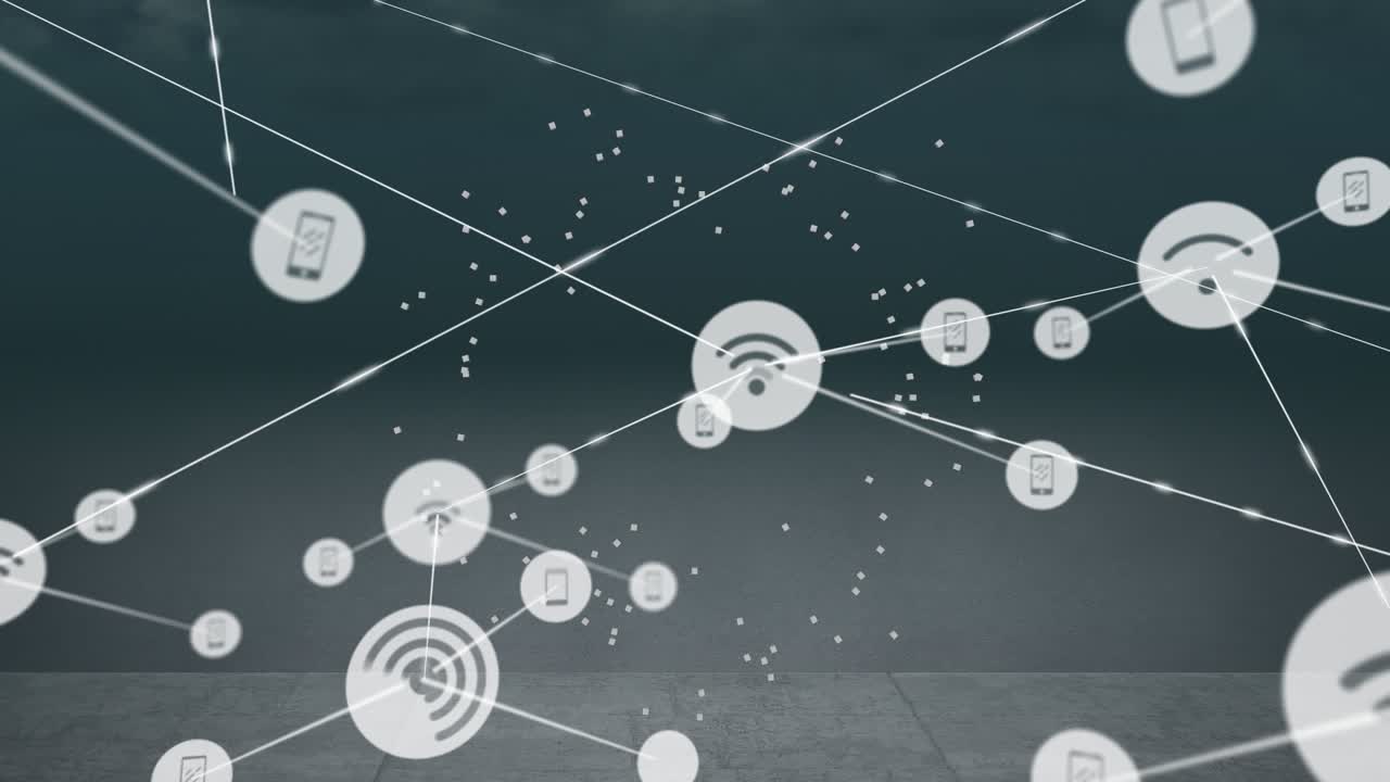 Animation of network of connections with icons over grey background