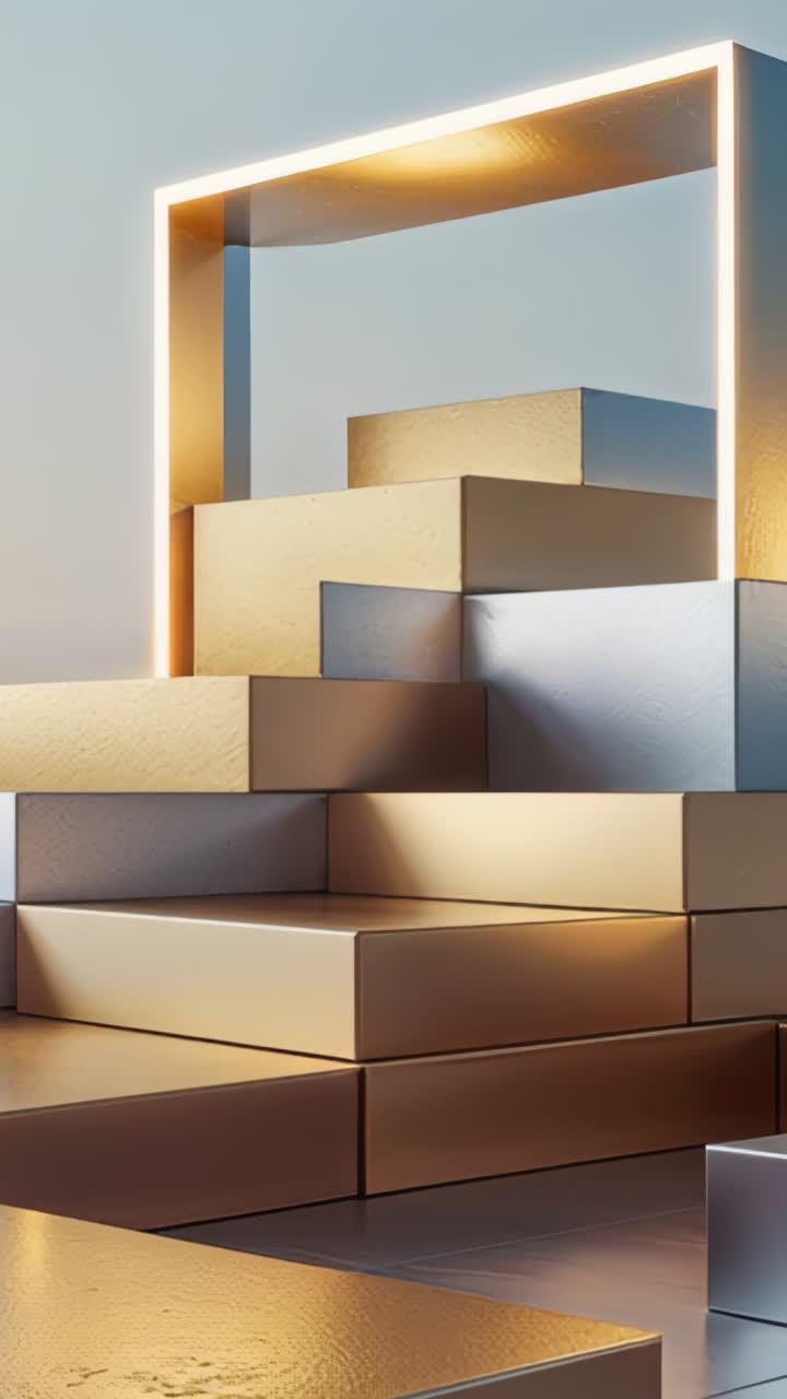 Vertical video: Starting clip showing stacked metal blocks topped by lit frame in gallery
