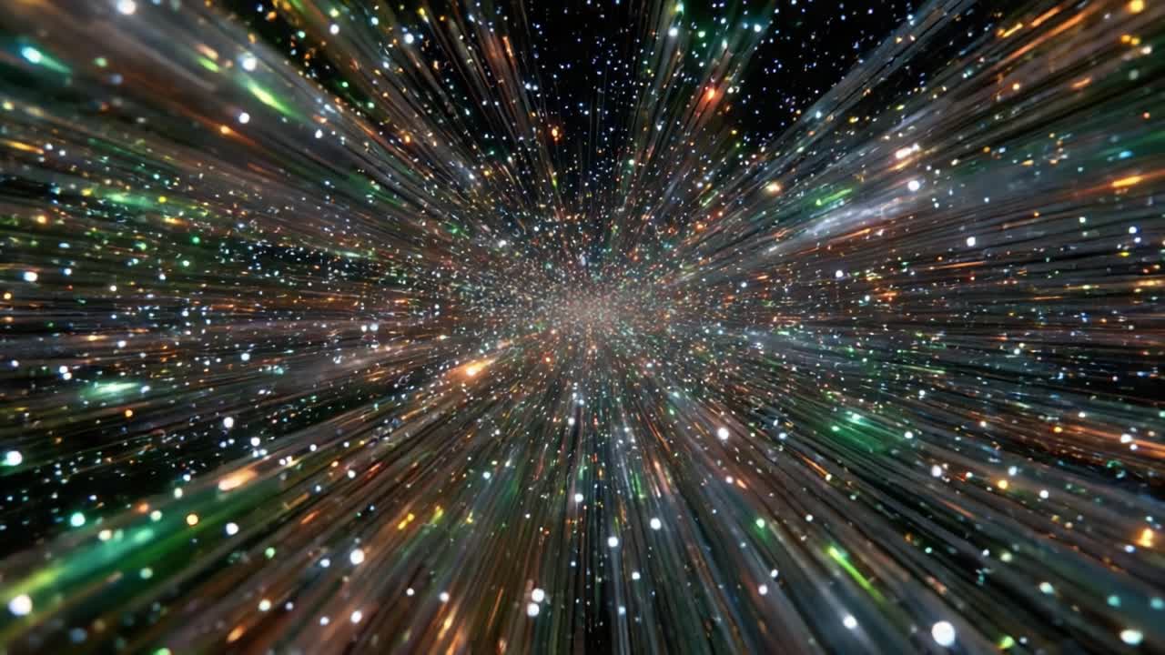 A mesmerizing journey through a cosmic tunnel, showcasing vibrant stars, colorful particles, and a captivating spiral of light and energy in the vast universe