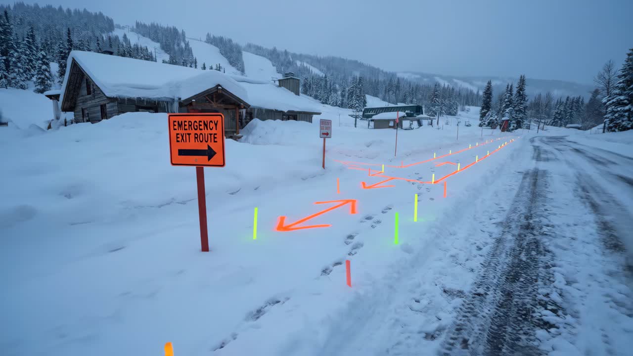 Illuminated Emergency Exit Route and Glowing Markers in Snowy Landscape