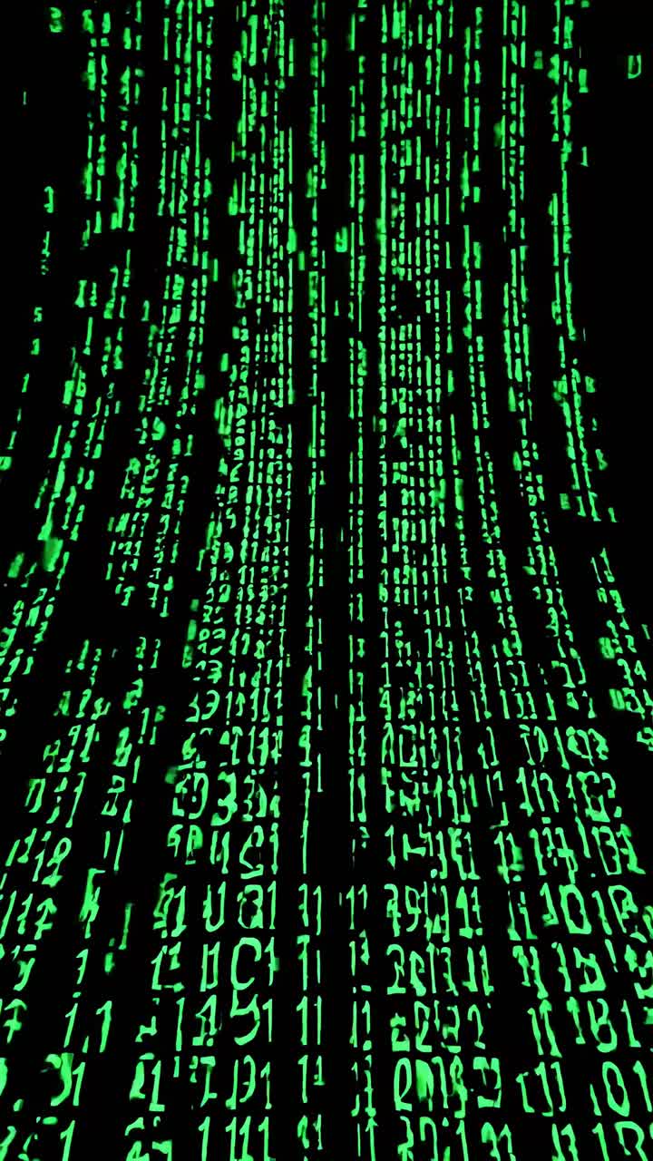 A vertical shot of glowing green digital code cascading down, reminiscent of a sci-fi video