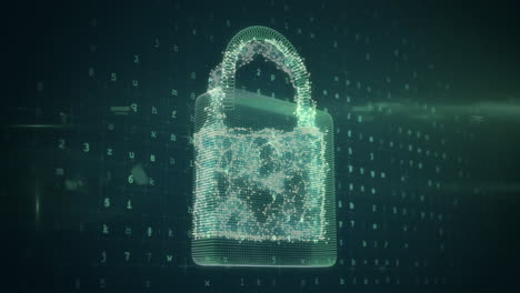 Animation of changing numbers and letters over online cloud, shield and security padlock