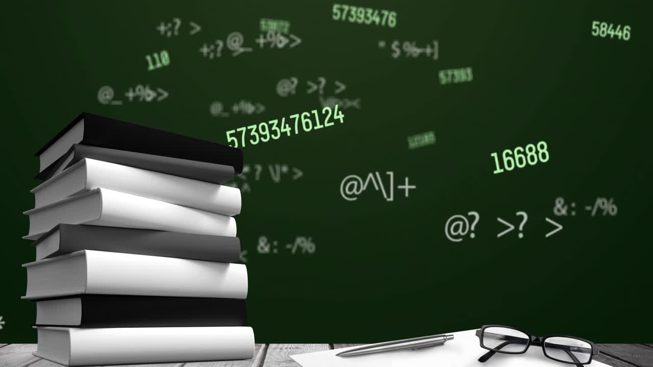 글래스와 책  ⁇ 어리의 디지털 애니메이션과 그레에 있는 여러 개의 변화하는 숫자와 기호