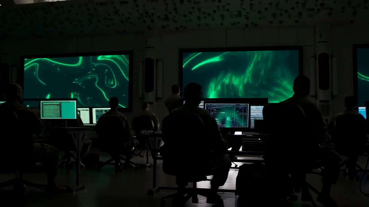 Rows of silhouetted operators seated at consoles inside dim operations control room, facing three wall screens showing vivid emerald aurora patterns, neon waveforms, and glowing interface graphics