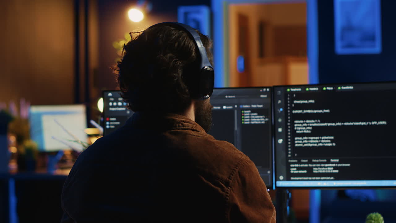 ingeniero usando auriculares mientras usa codificación para fortalecer la seguridad