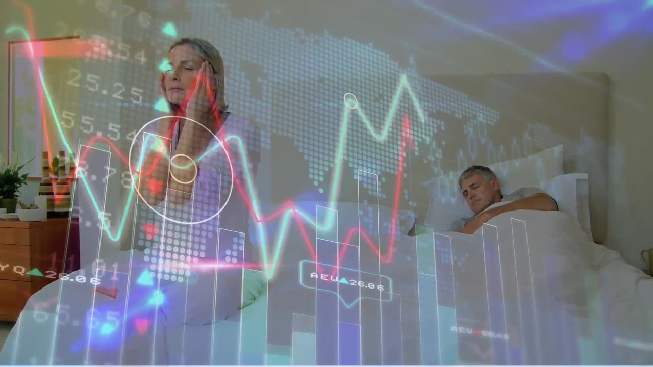 animación del procesamiento de datos sobre una pareja caucásica en el dormitorio