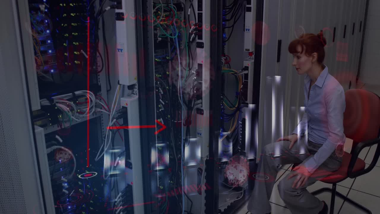 Covid-19 statistical data processing over caucasian female engineers working in computer server room